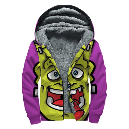 Cartoon Frankenstein Print Sherpa Lined Zip Up Hoodie