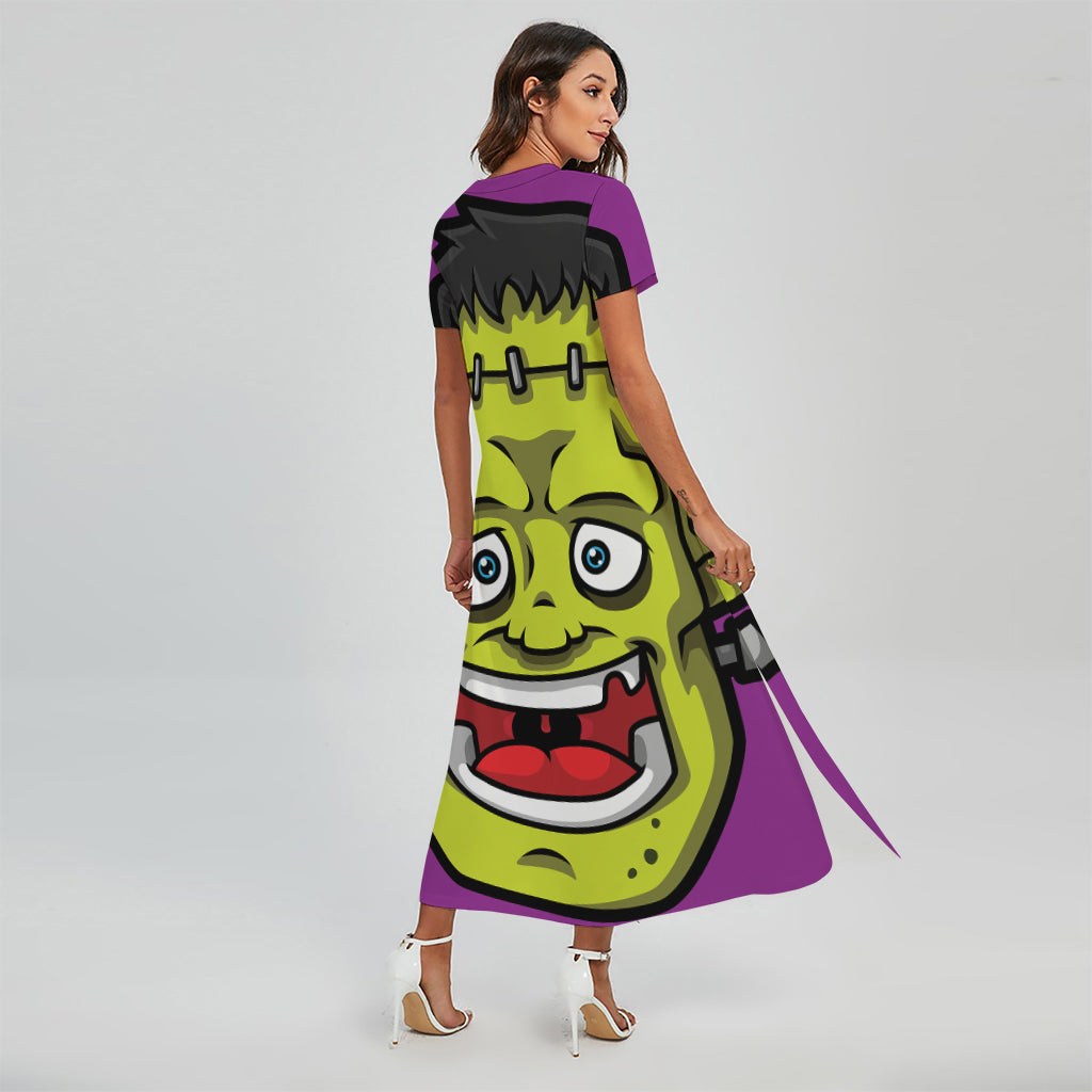 Cartoon Frankenstein Print Short Sleeve Maxi Dress