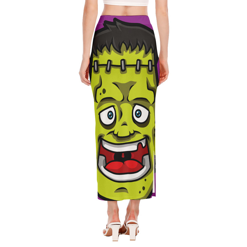 Cartoon Frankenstein Print Side Slit Maxi Skirt