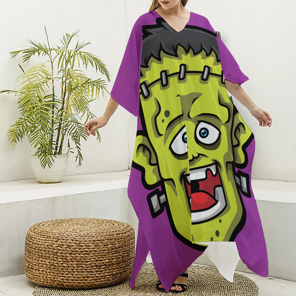 Cartoon Frankenstein Print Silk V-Neck Kaftan Dress