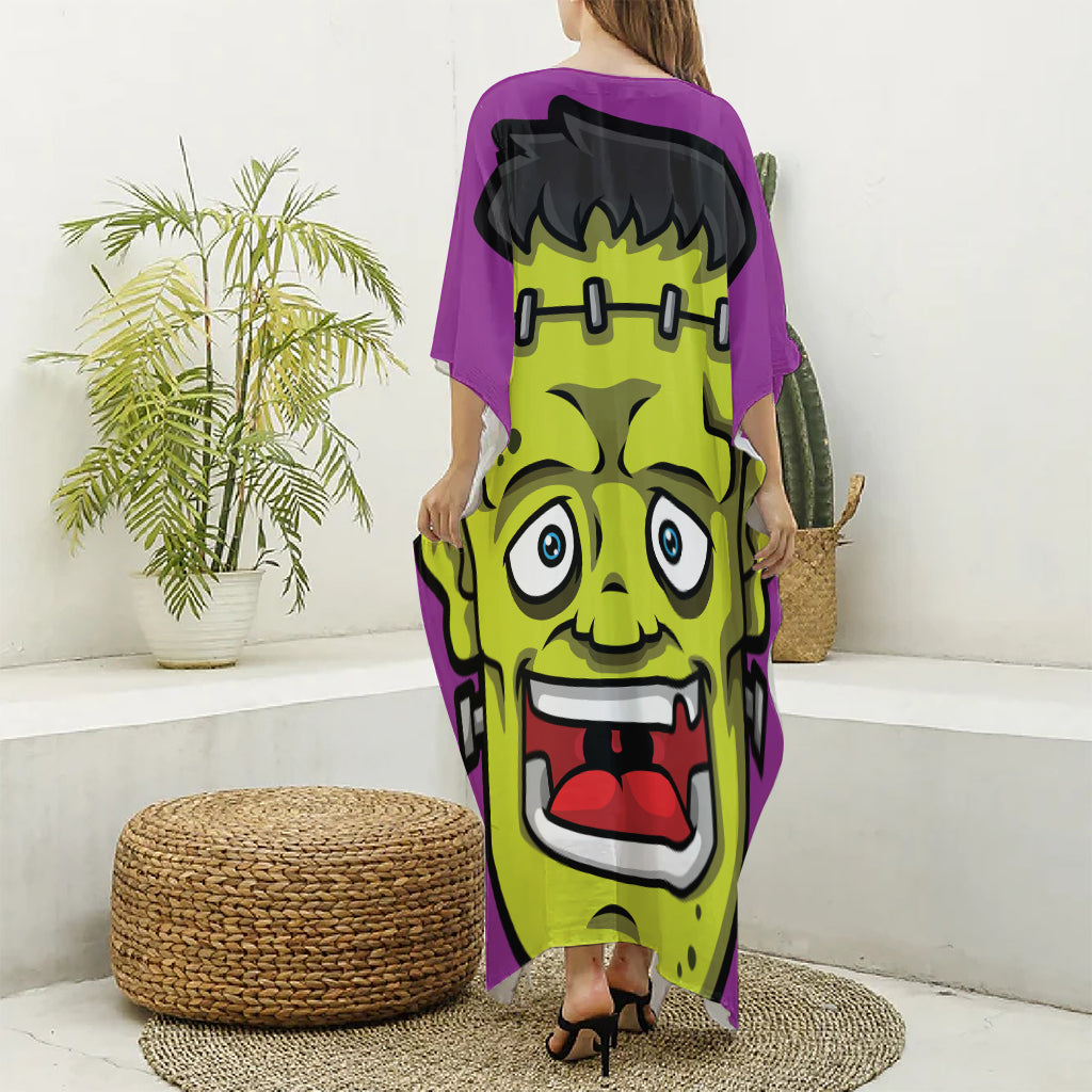 Cartoon Frankenstein Print Silk V-Neck Kaftan Dress