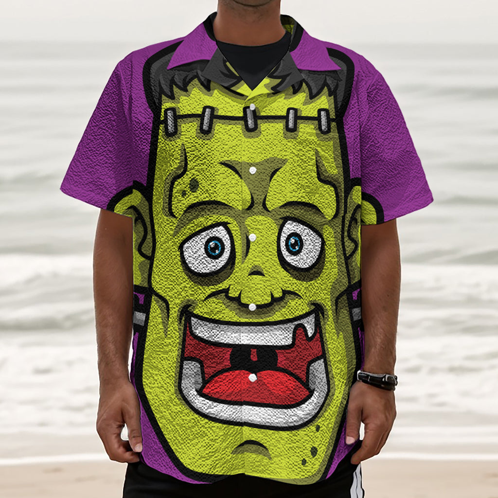 Cartoon Frankenstein Print Textured Short Sleeve Shirt