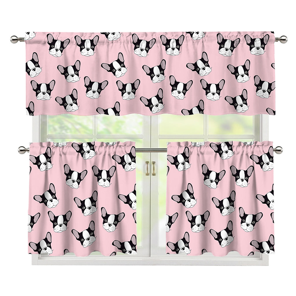 Cartoon French Bulldog Pattern Print 3 Piece Kitchen Curtains