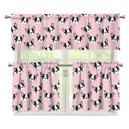 Cartoon French Bulldog Pattern Print 3 Piece Kitchen Curtains