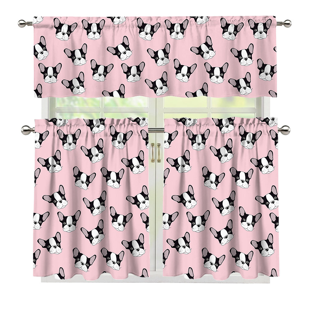 Cartoon French Bulldog Pattern Print 3 Piece Kitchen Curtains
