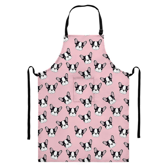 Cartoon French Bulldog Pattern Print Bib Apron With Pocket