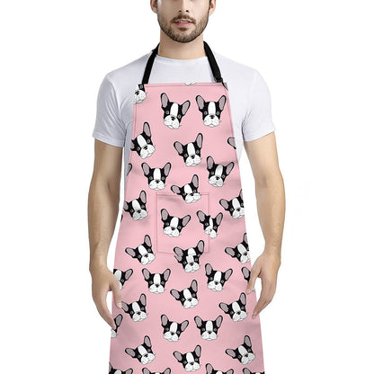 Cartoon French Bulldog Pattern Print Bib Apron With Pocket