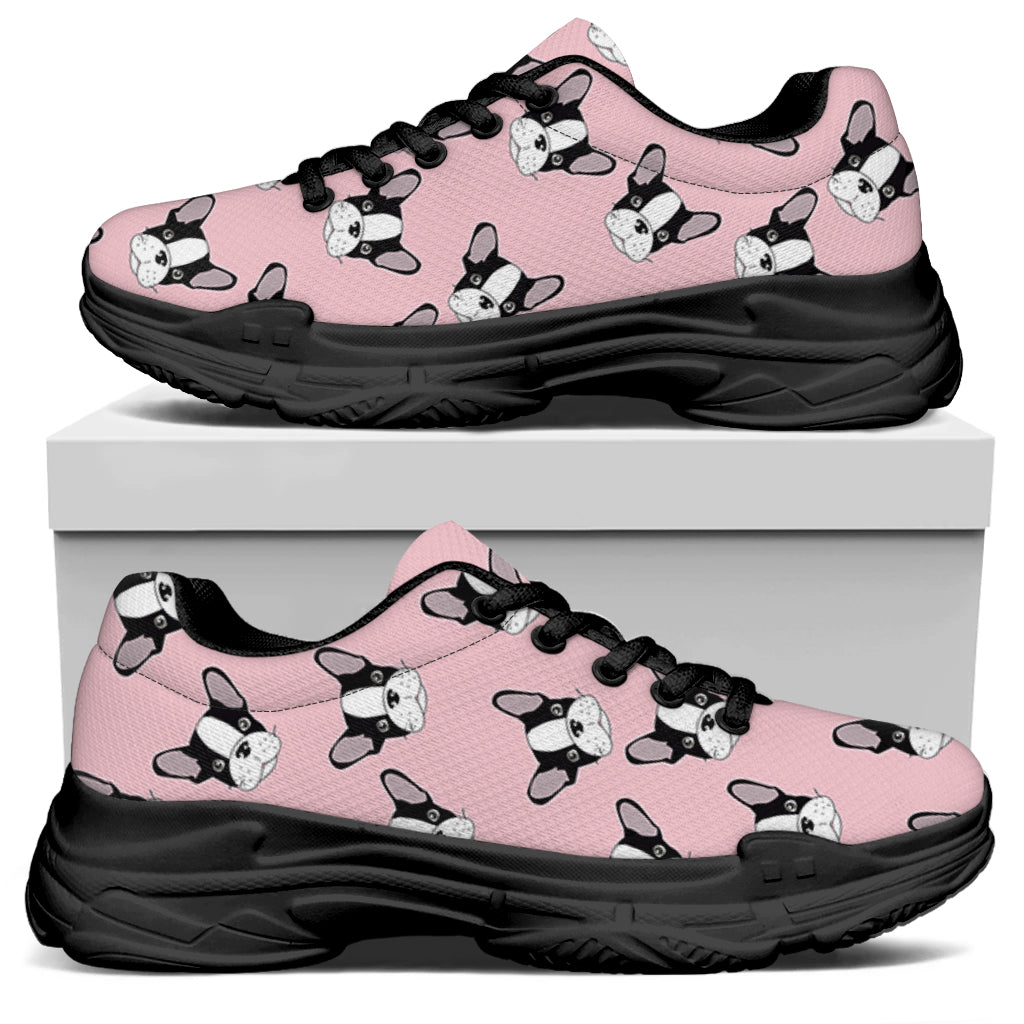 Cartoon French Bulldog Pattern Print Black Chunky Shoes
