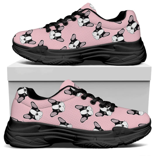 Cartoon French Bulldog Pattern Print Black Chunky Shoes