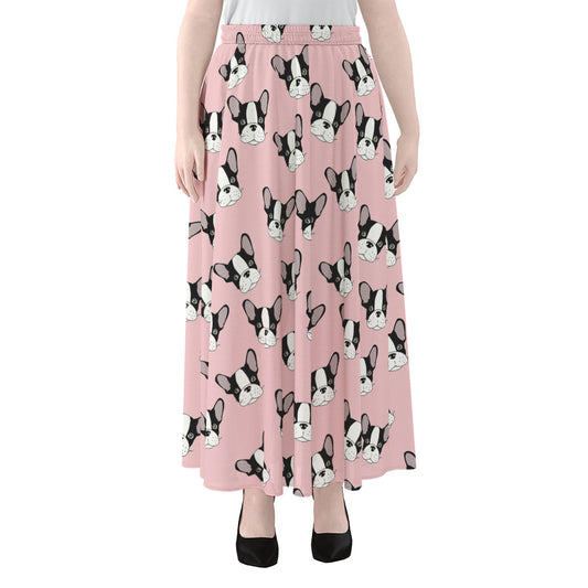 Cartoon French Bulldog Pattern Print Chiffon Maxi Skirt