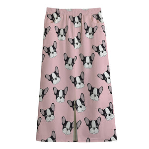 Cartoon French Bulldog Pattern Print Cotton Front Slit Maxi Skirt