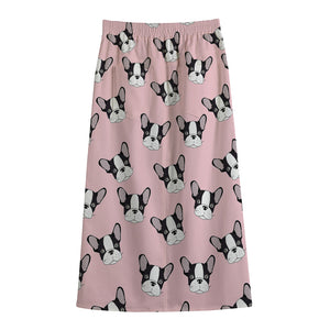 Cartoon French Bulldog Pattern Print Cotton Front Slit Maxi Skirt