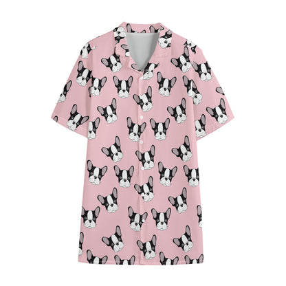 Cartoon French Bulldog Pattern Print Cotton Hawaiian Shirt