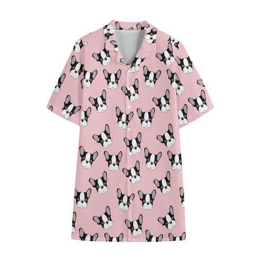 Cartoon French Bulldog Pattern Print Cotton Hawaiian Shirt