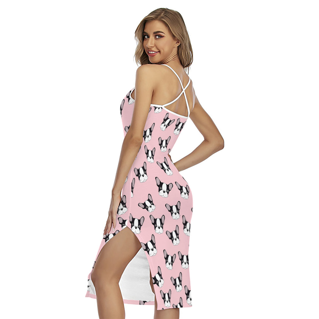 Cartoon French Bulldog Pattern Print Cross Back Cami Dress