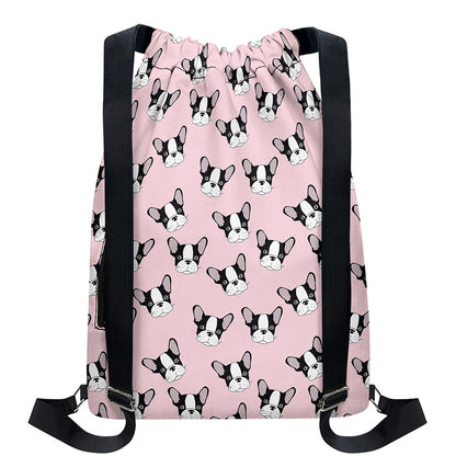 Cartoon French Bulldog Pattern Print Drawstring Backpack