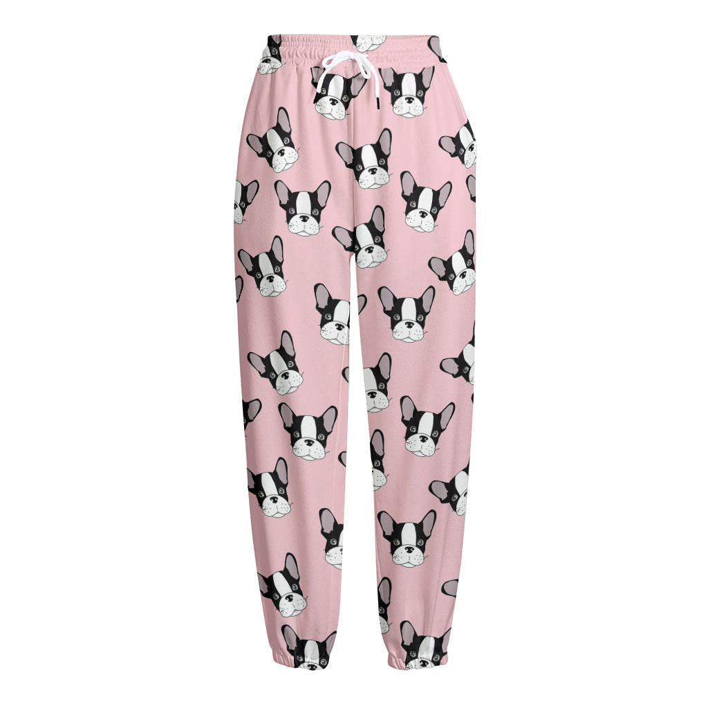 Cartoon French Bulldog Pattern Print Fleece Lined Knit Pants