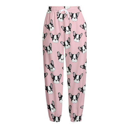 Cartoon French Bulldog Pattern Print Fleece Lined Knit Pants