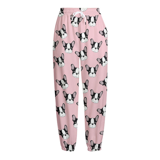 Cartoon French Bulldog Pattern Print Fleece Lined Knit Pants