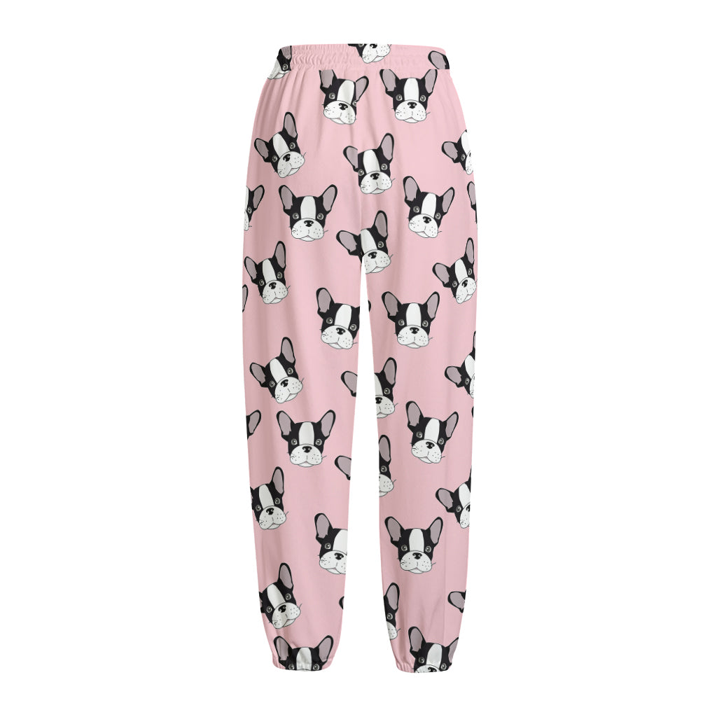 Cartoon French Bulldog Pattern Print Fleece Lined Knit Pants