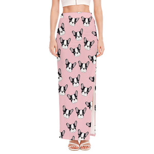 Cartoon French Bulldog Pattern Print High Slit Maxi Skirt