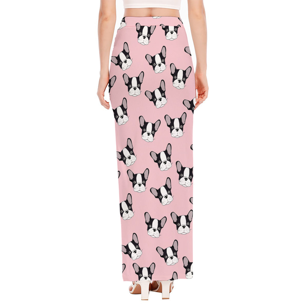 Cartoon French Bulldog Pattern Print High Slit Maxi Skirt