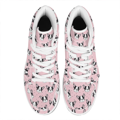 Cartoon French Bulldog Pattern Print High Top Leather Sneakers