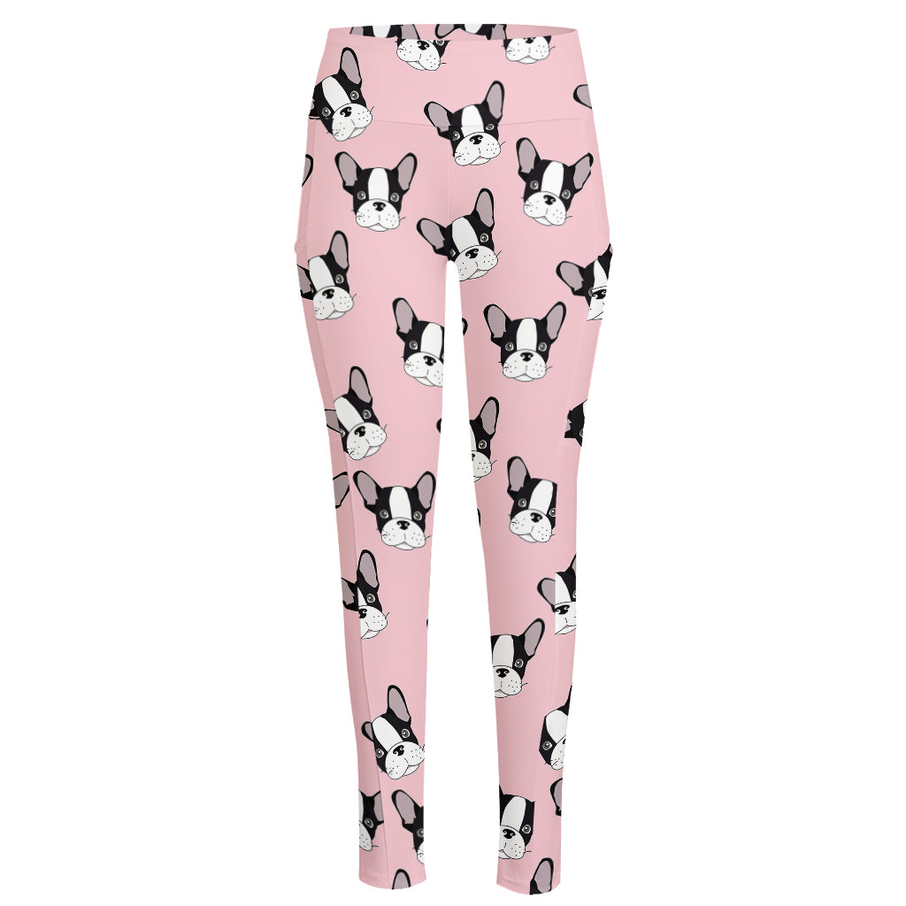 Cartoon French Bulldog Pattern Print High-Waisted Pocket Leggings