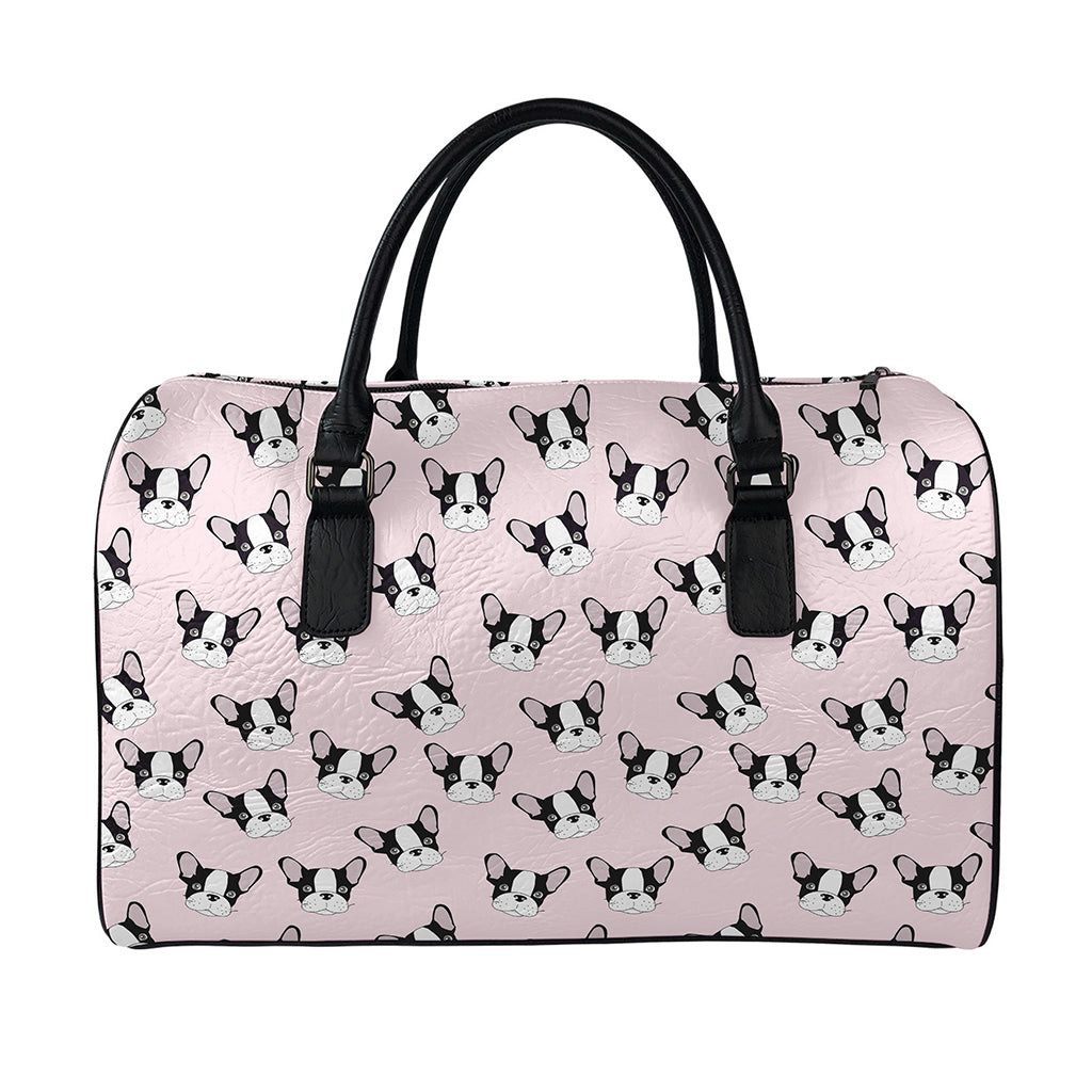Cartoon French Bulldog Pattern Print Leather Duffle Bag