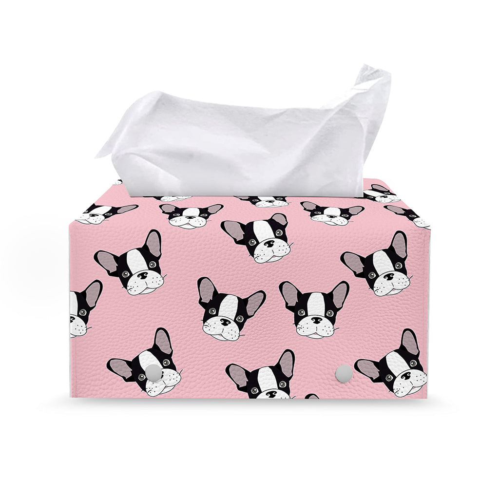 Cartoon French Bulldog Pattern Print Leather Tissue Box Cover