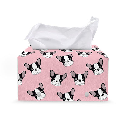 Cartoon French Bulldog Pattern Print Leather Tissue Box Cover
