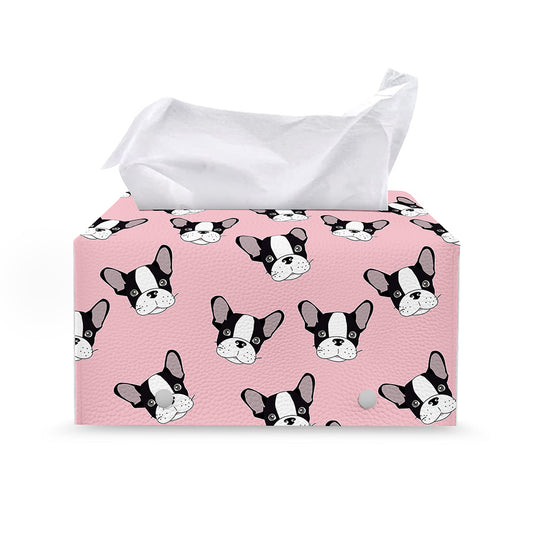 Cartoon French Bulldog Pattern Print Leather Tissue Box Cover