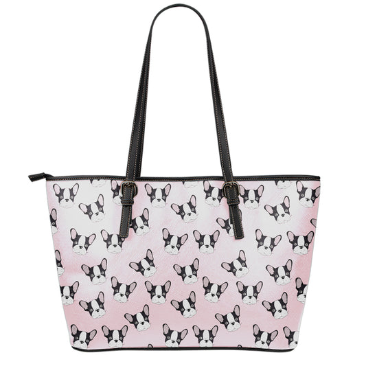 Cartoon French Bulldog Pattern Print Leather Tote Bag