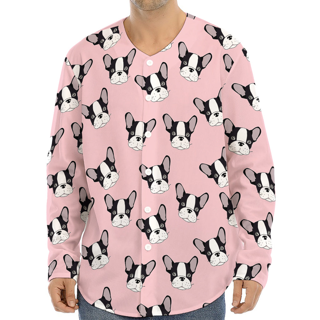 Cartoon French Bulldog Pattern Print Long Sleeve Baseball Jersey