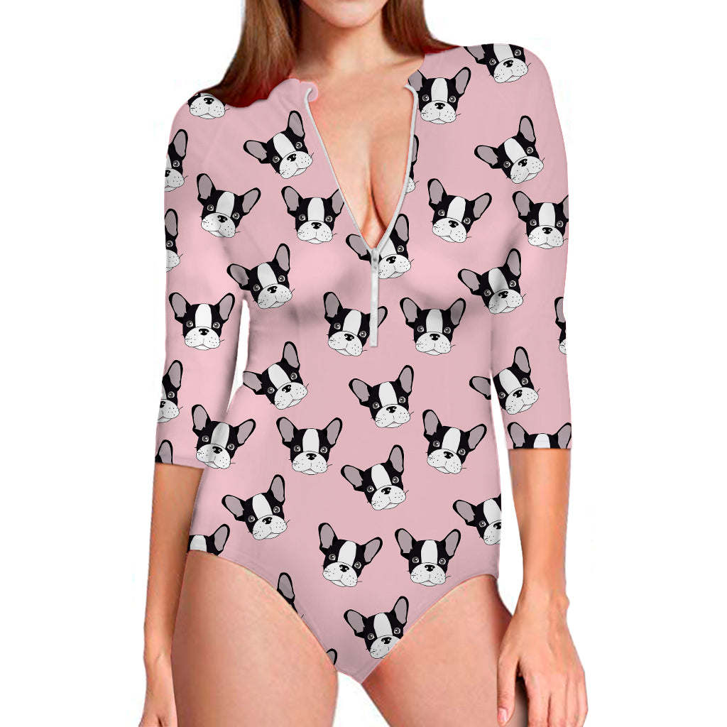 Cartoon French Bulldog Pattern Print Long Sleeve Swimsuit