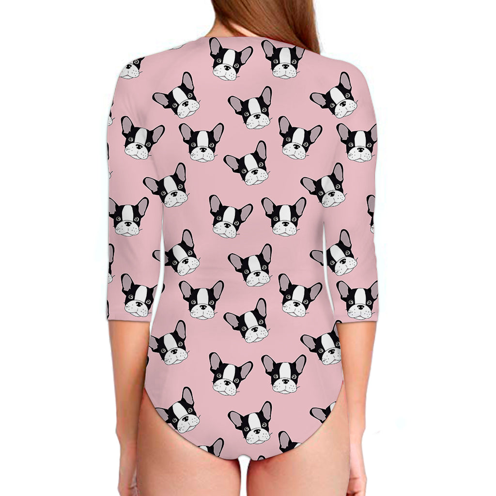 Cartoon French Bulldog Pattern Print Long Sleeve Swimsuit