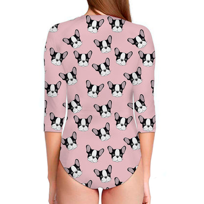 Cartoon French Bulldog Pattern Print Long Sleeve Swimsuit