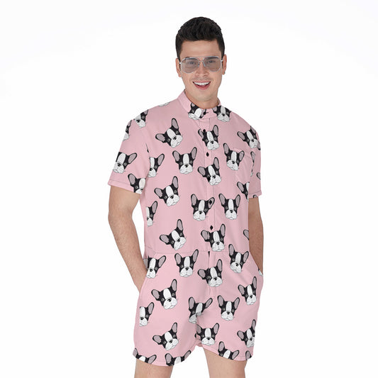 Cartoon French Bulldog Pattern Print Men's Rompers