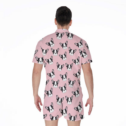 Cartoon French Bulldog Pattern Print Men's Rompers