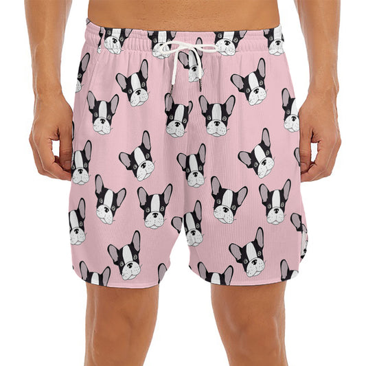 Cartoon French Bulldog Pattern Print Men's Split Running Shorts