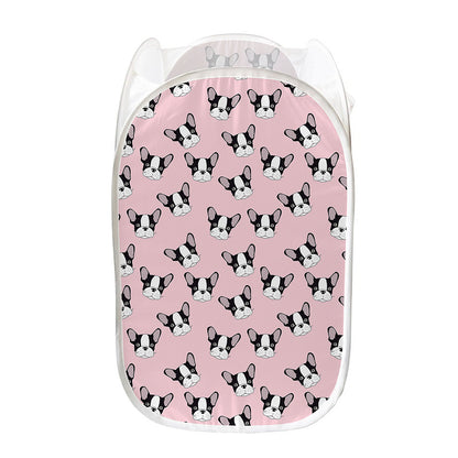 Cartoon French Bulldog Pattern Print Mesh Laundry Hamper