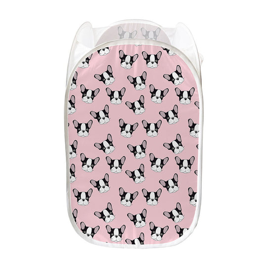 Cartoon French Bulldog Pattern Print Mesh Laundry Hamper