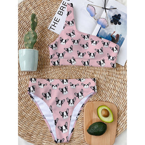 Cartoon French Bulldog Pattern Print One Shoulder Bikini Top