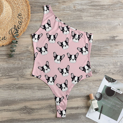 Cartoon French Bulldog Pattern Print One Shoulder Bodysuit