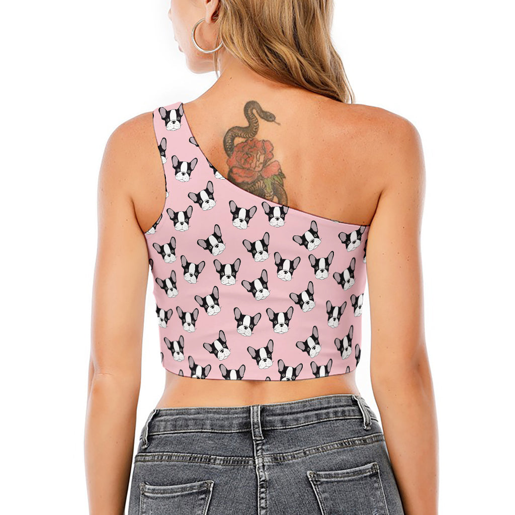 Cartoon French Bulldog Pattern Print One Shoulder Crop Top