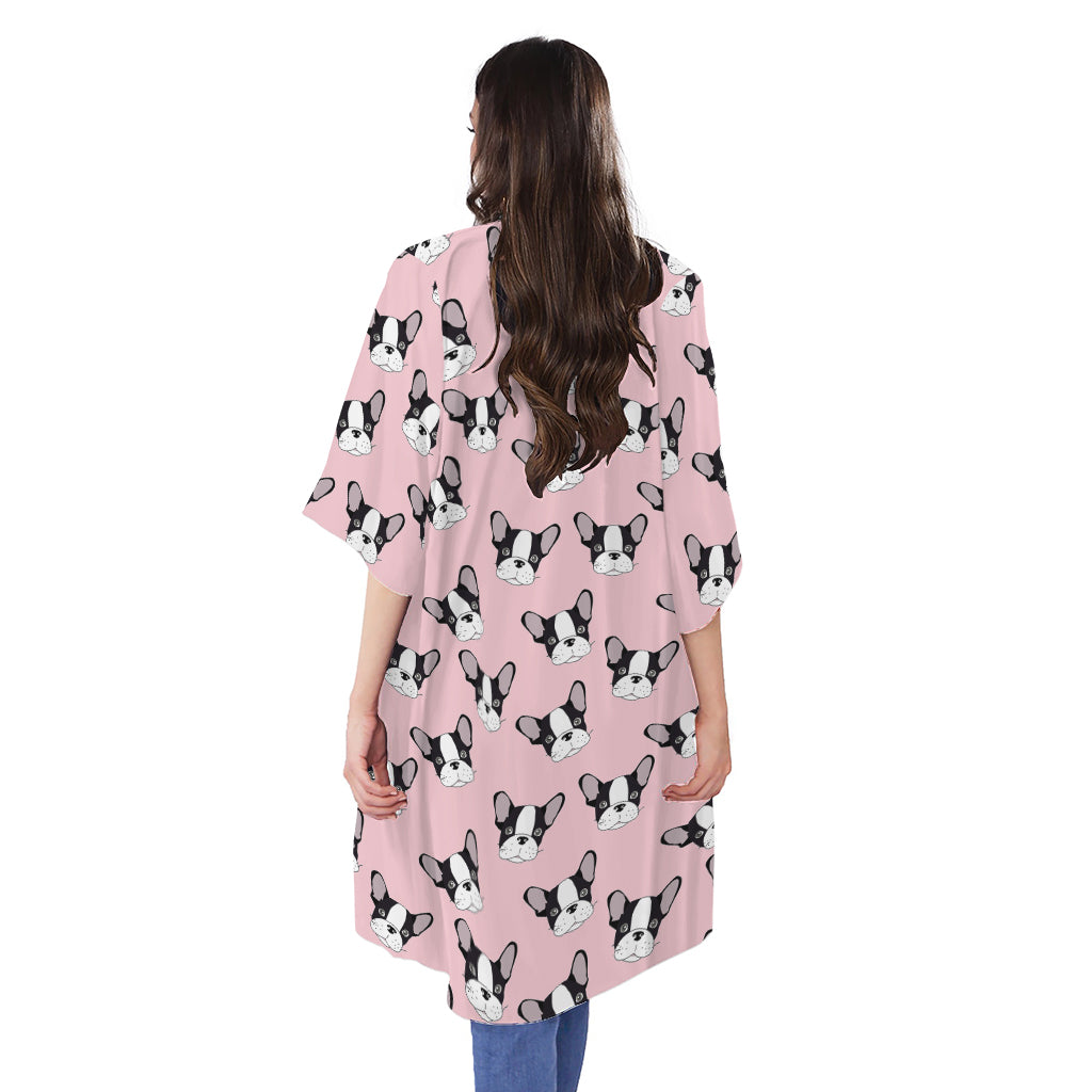 Cartoon French Bulldog Pattern Print Open Front Beach Cover Up