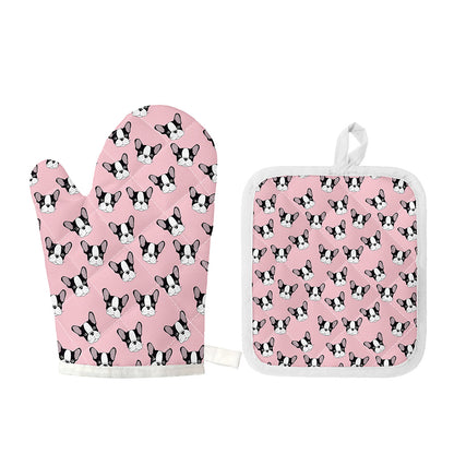 Cartoon French Bulldog Pattern Print Oven Mitt And Pot Holder Set
