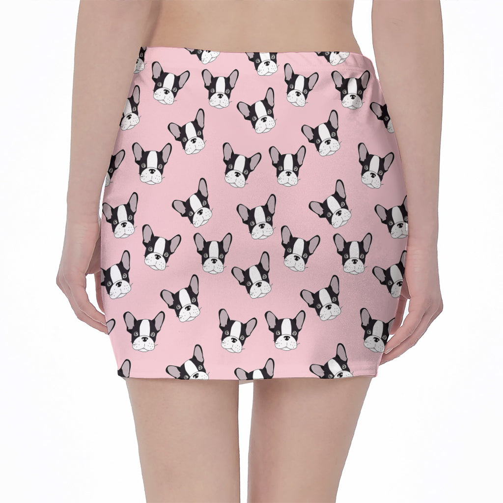 Cartoon French Bulldog Pattern Print Pencil Mini Skirt