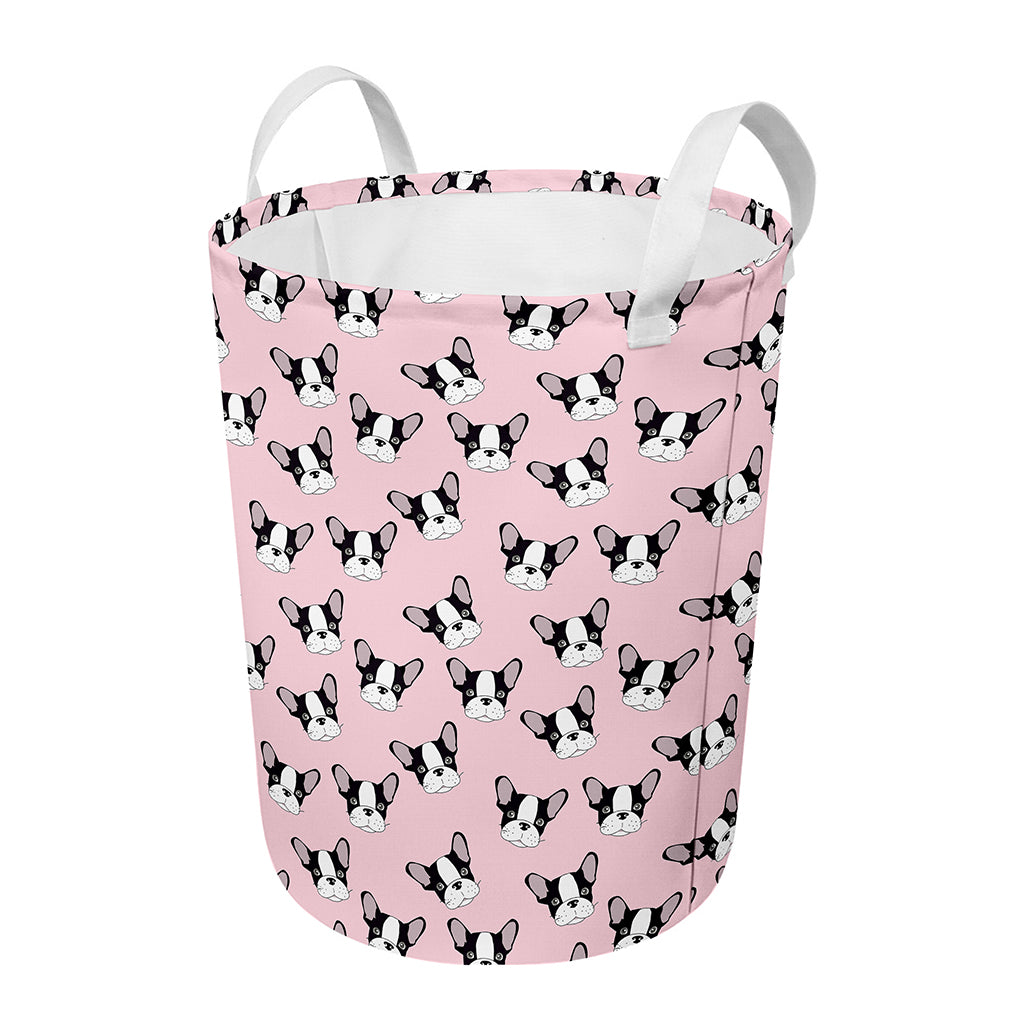 Cartoon French Bulldog Pattern Print Round Laundry Basket