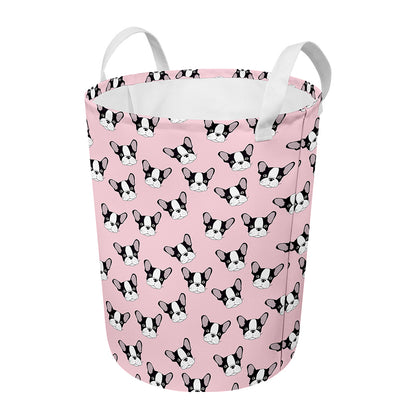 Cartoon French Bulldog Pattern Print Round Laundry Basket